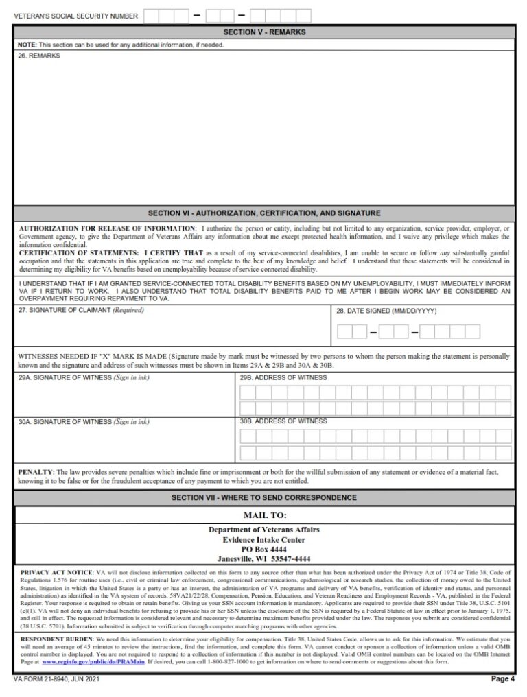 VA Form 21 8940 Veterans Application For Increased Compensation