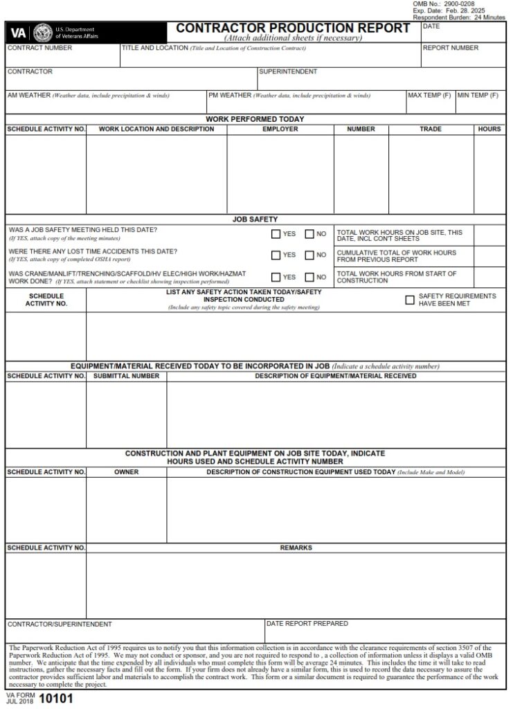 VA Form 10101 Contractor Production Report VA Forms