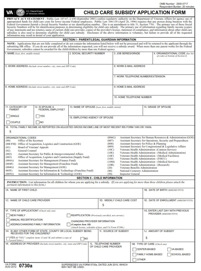 VA Form 0730a – Child Care Subsidy Application Form - VA Forms