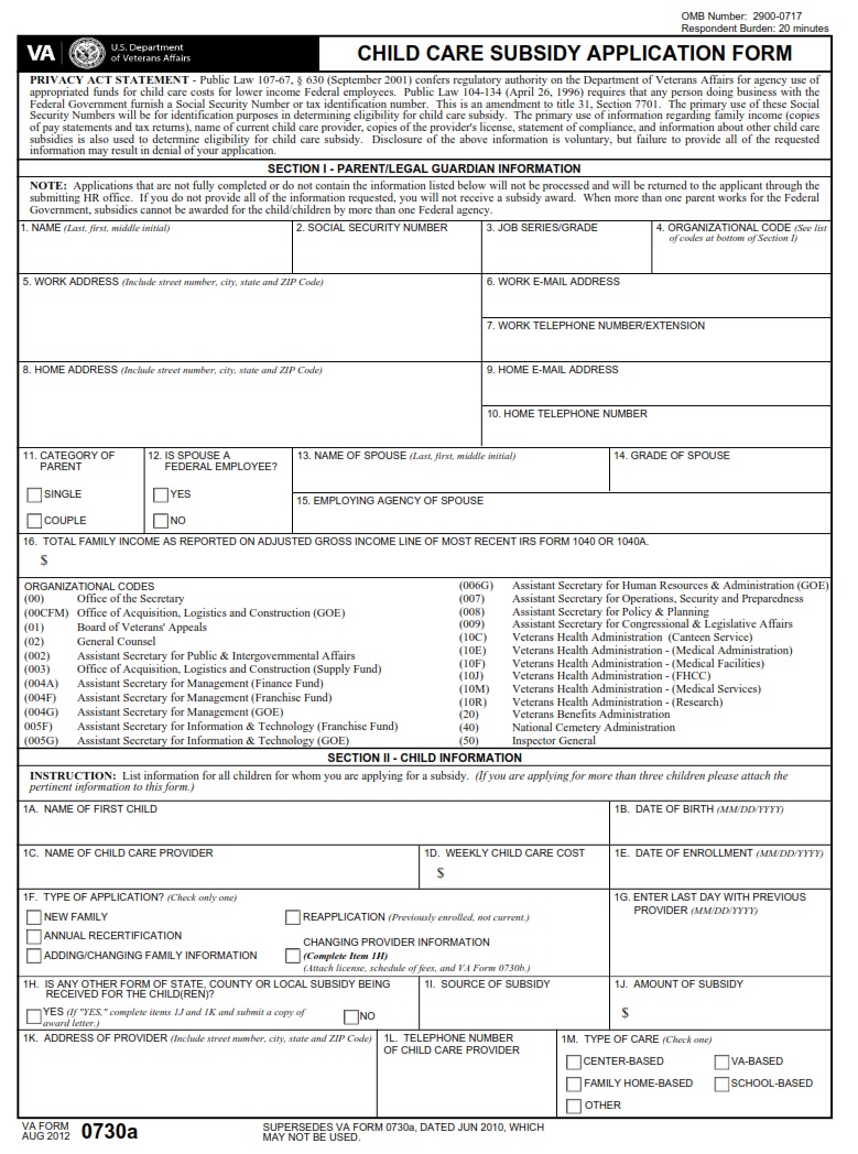 VA Form 0730a - Page 1