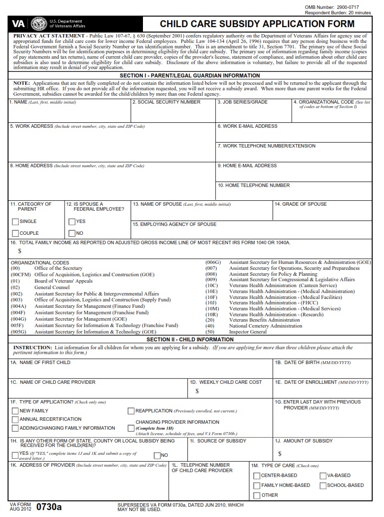 VA Form 0730a Child Care Subsidy Application Form VA Forms