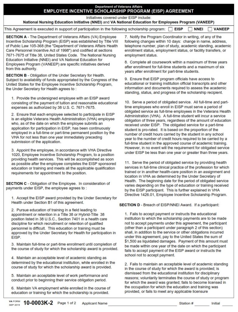 VA Form 100003K2 Employee Incentive Scholarship Program (EISP