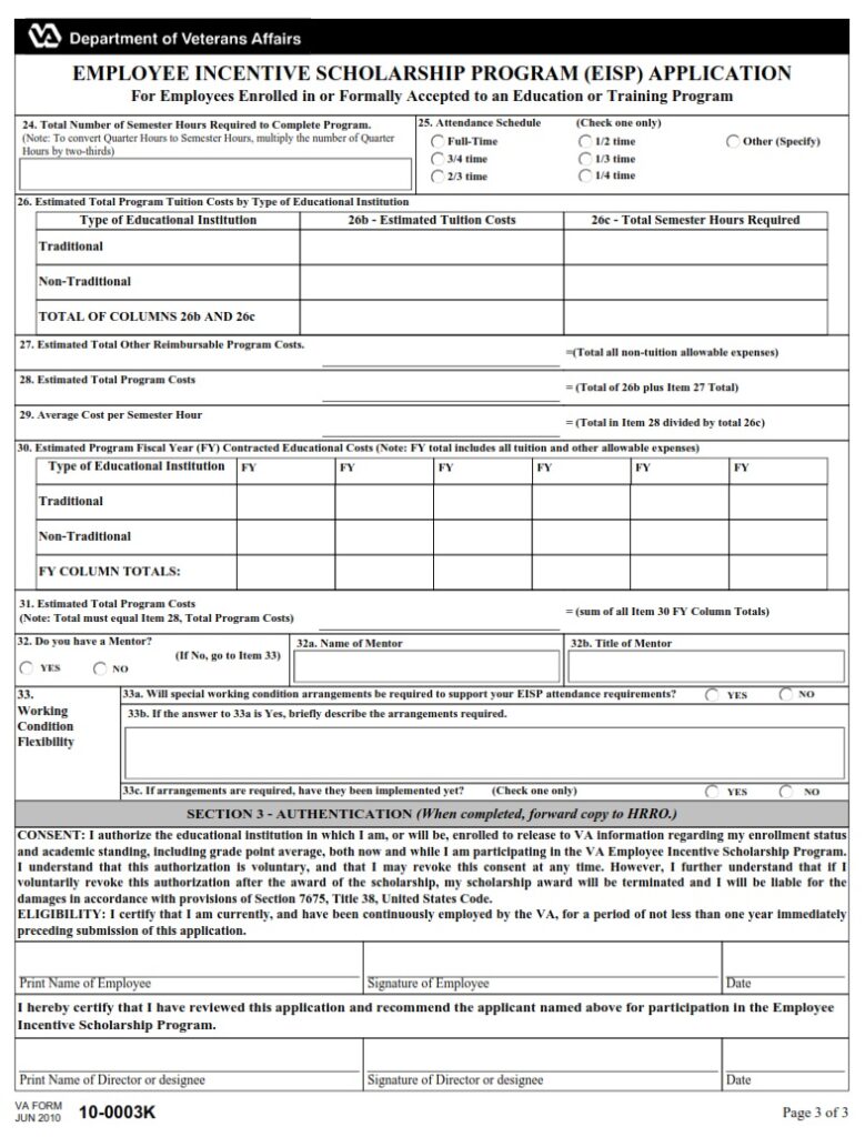 VA Form 100003K Employee Incentive Scholarship Program (EISP