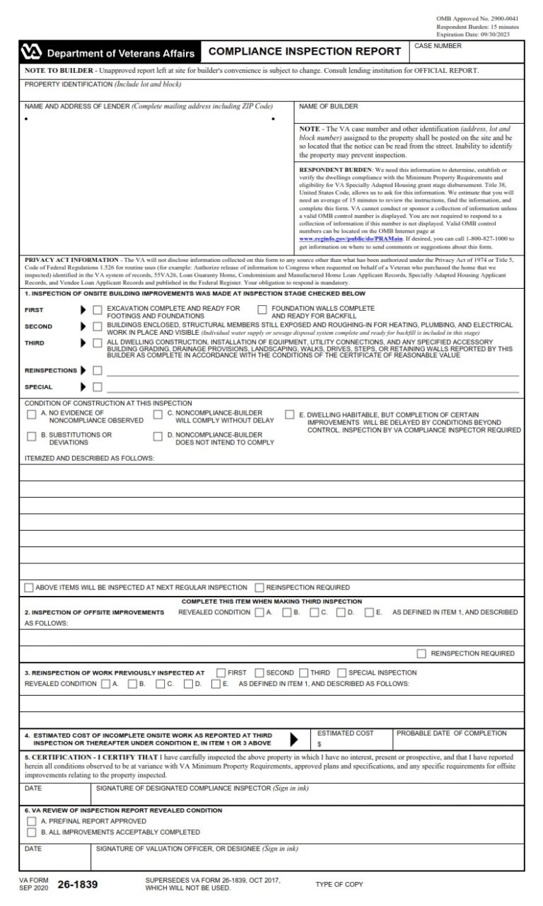 VA Form 26-1839 – Compliance Inspection Report - VA Forms