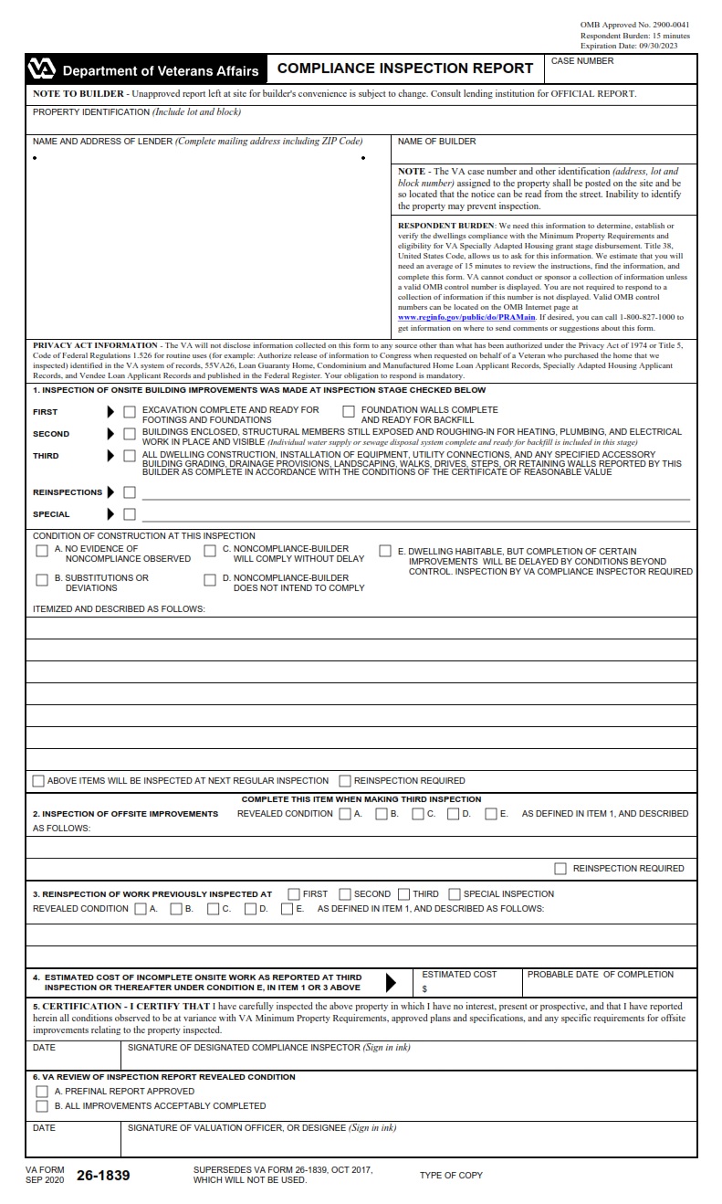 VA Form 26-1839 - Page 1