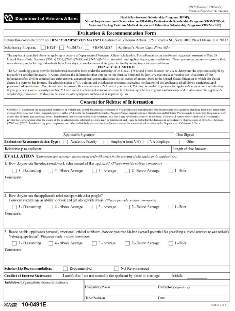 VA Form 10-0491E – Evaluation & Recommendation Form—Health Professional ...