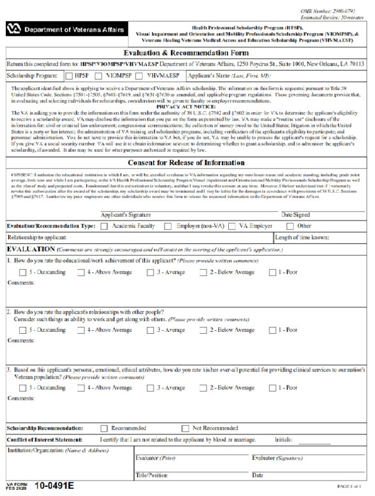 VA Form 100491E Evaluation & Form—Health Professional