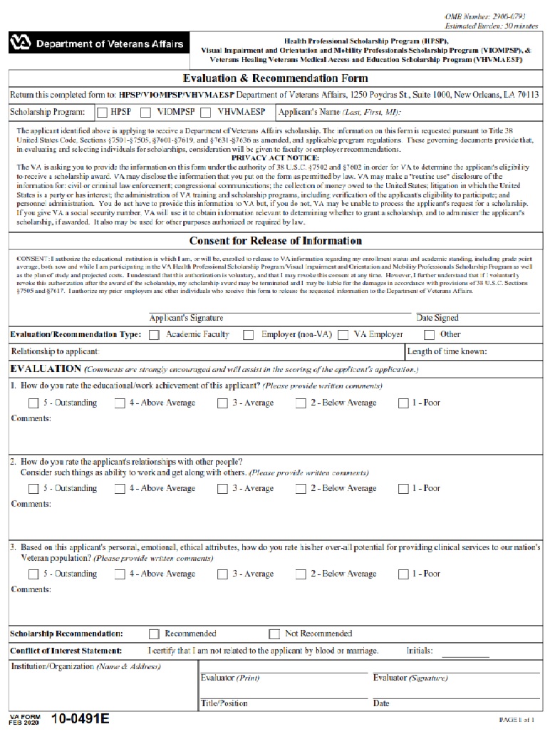 VA Form 10-0491E