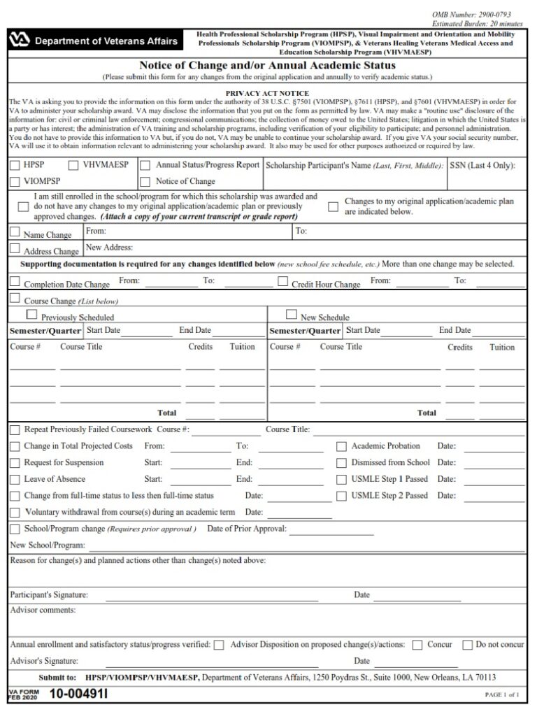 VA Form 100491I Notice of Change and/or Annual Academic Status