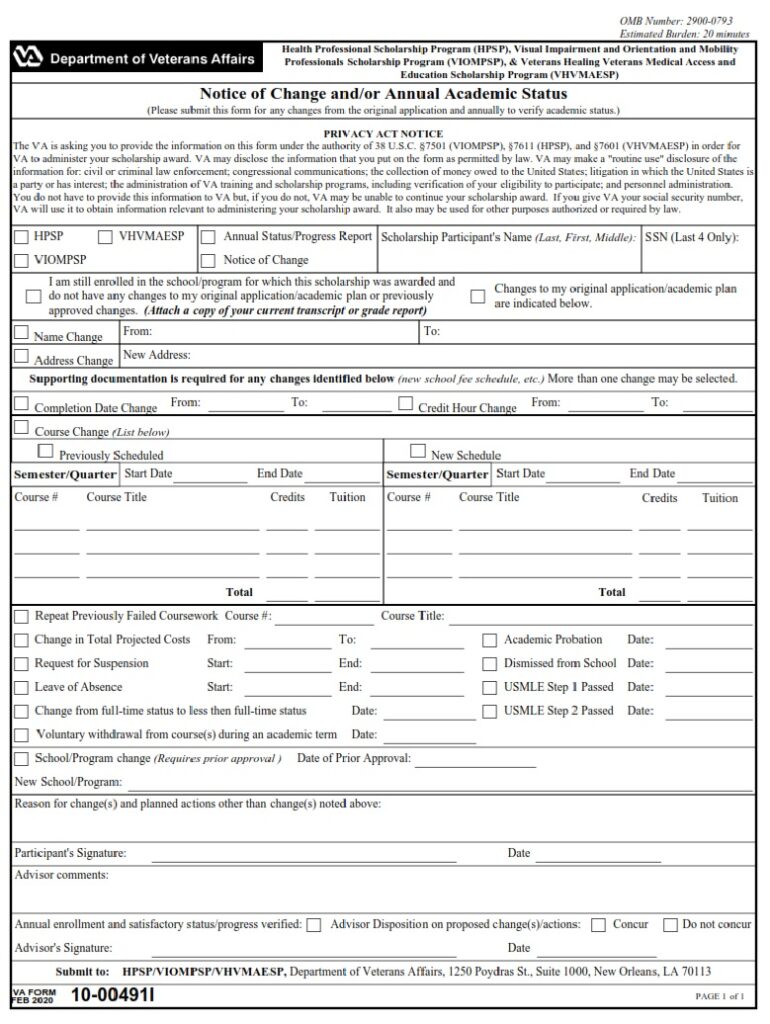 VA Form 10-0491I – Notice of Change and/or Annual Academic Status ...