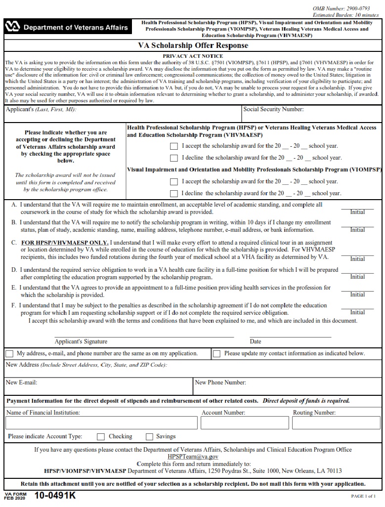 VA Form 10-0491K