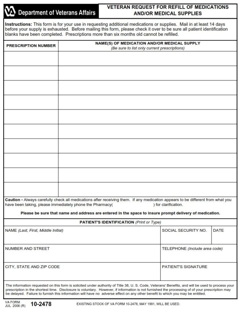 VA Form 10-2478 – Veterans Request for Refill of Medications and/or ...