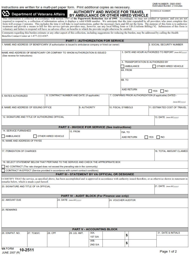 VA Form 10-2511 – Authority and Invoice for Travel by Ambulance or ...