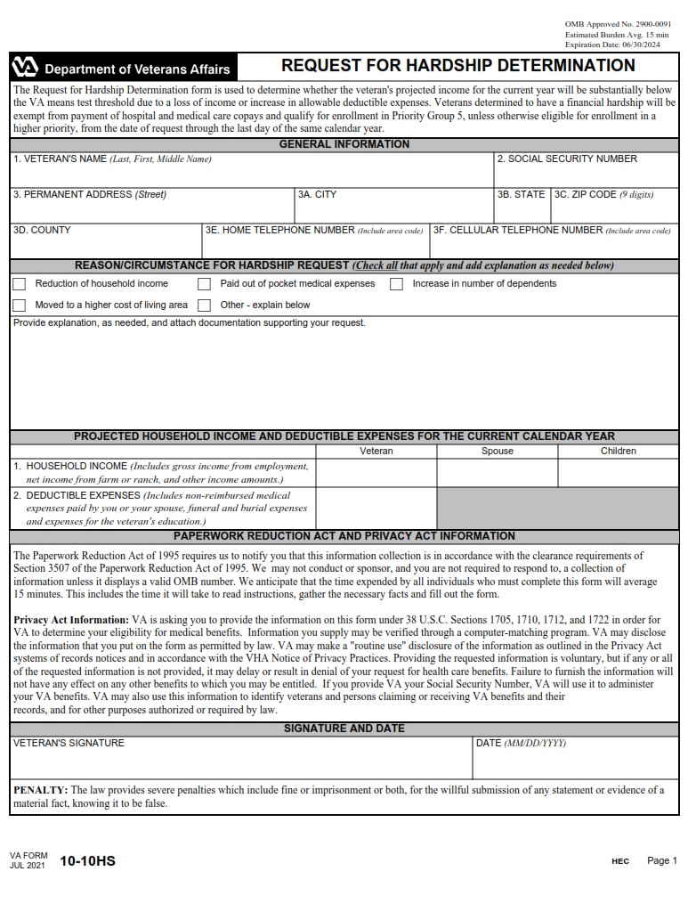 VA Form 10-10HS - Page 1