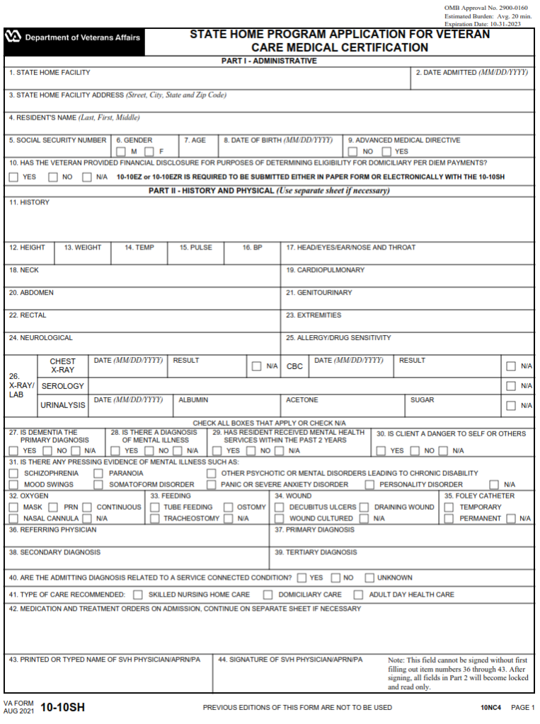 VA Form 10-10SH – State Home Program Application for Veteran Care ...