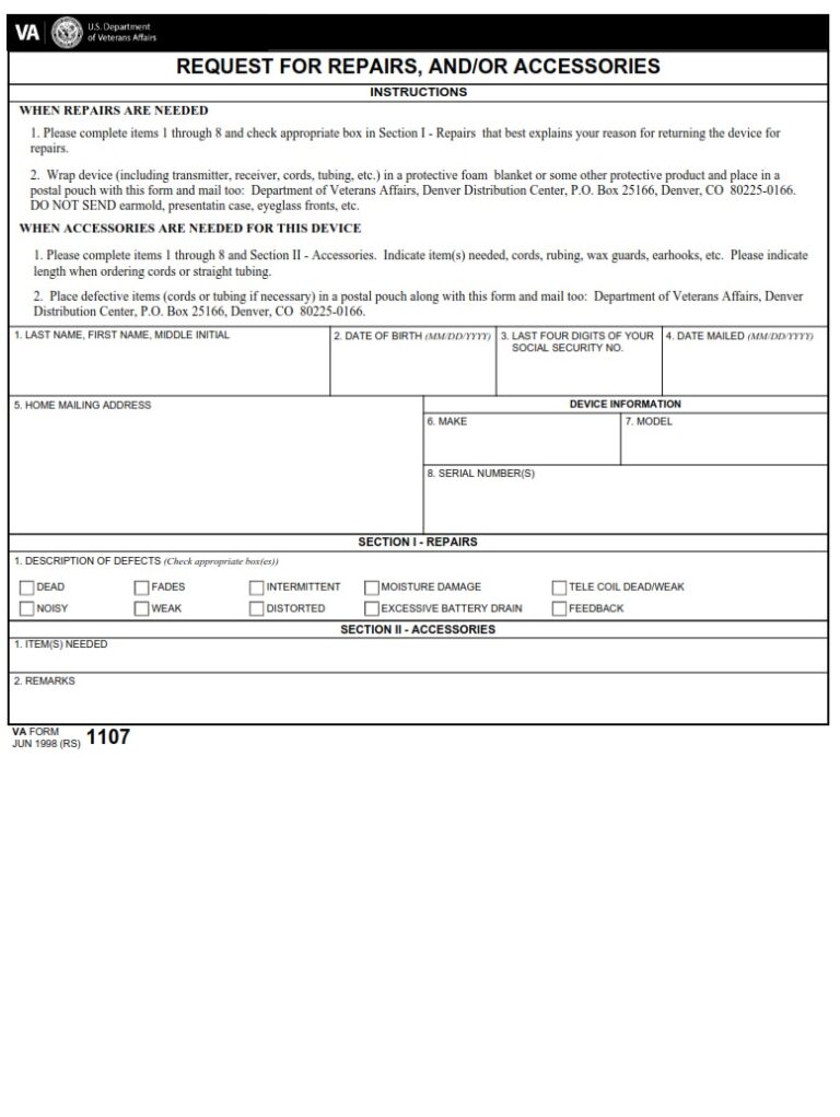 VA Form 1107 Request for Repairs, and/or Accessories VA Forms