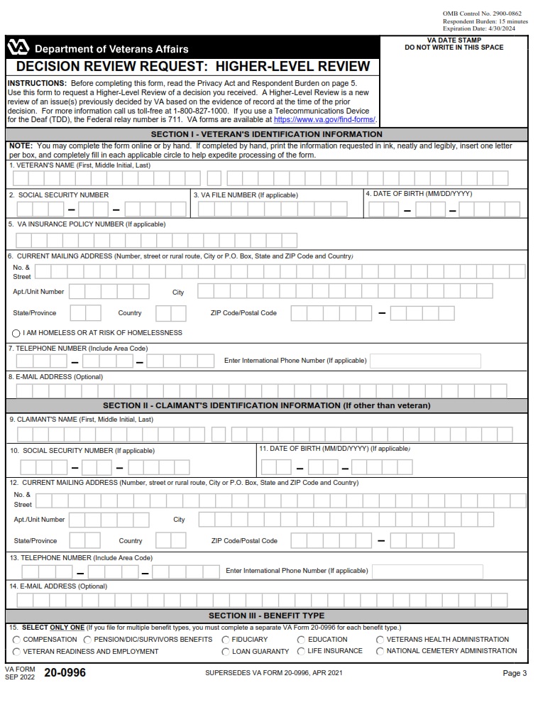 VA Form 20-0996 - Page 1
