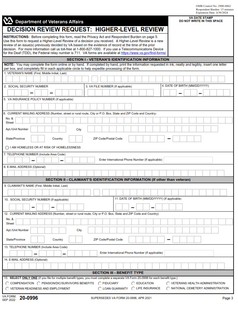 VA Form 20 0996 Decision Review Request Higher Level Review VA Forms