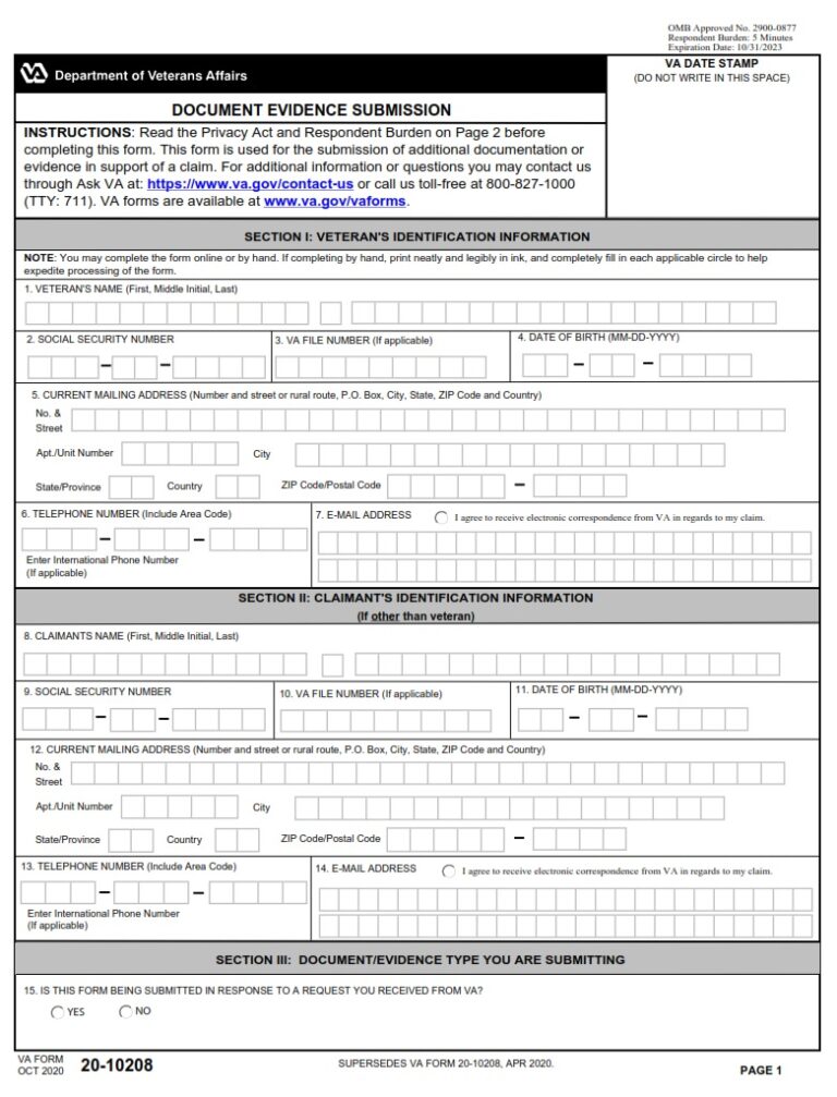 Va Form 20 10208 Document Evidence Submission Va Forms