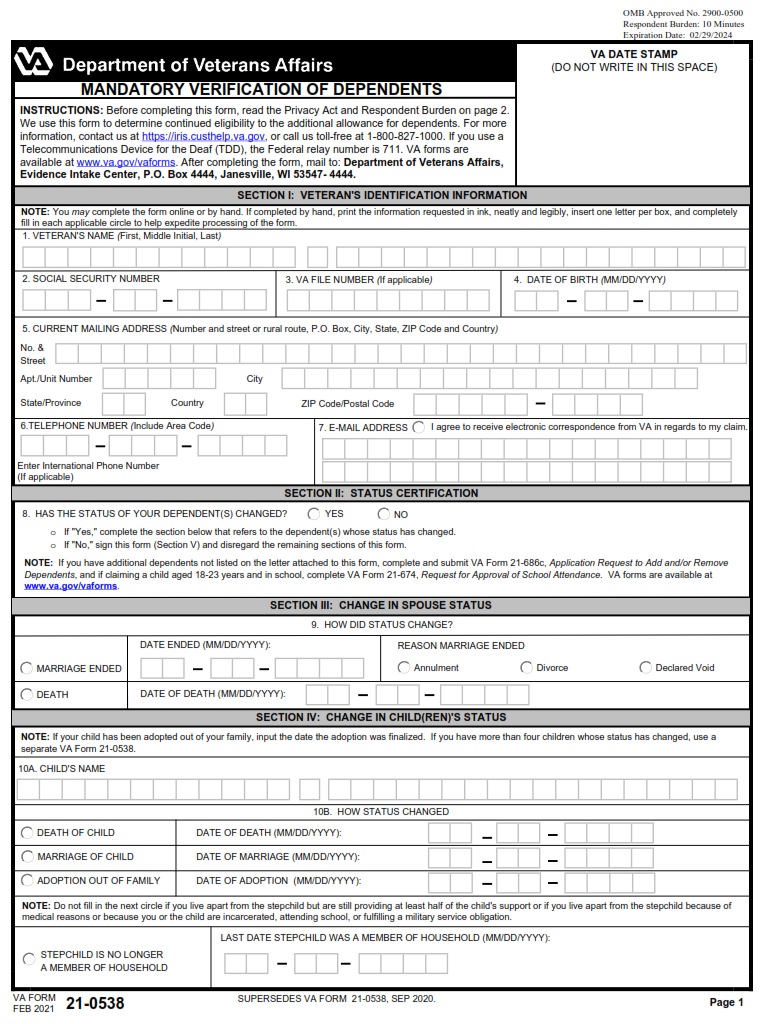 Va Form 21 0538 Mandatory Verification Of Dependents Va Forms 5835