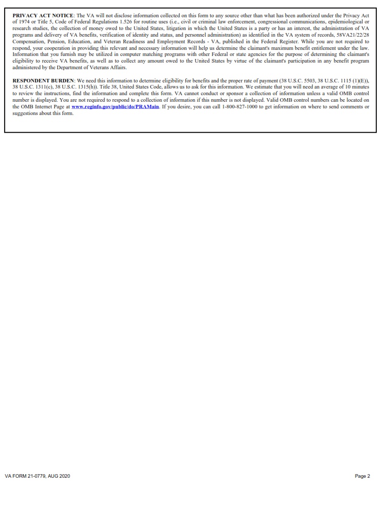 VA Form 21 0779 Request For Nursing Home Information In Connection With Claim For Aid And