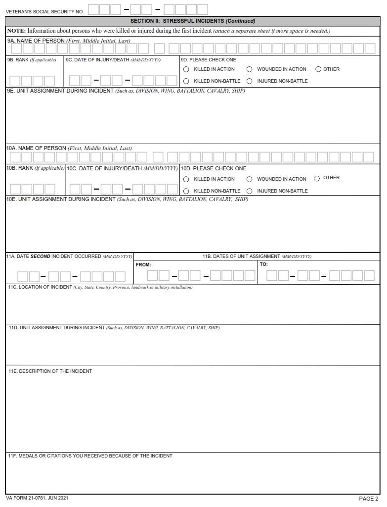 VA Form 21 0781 Statement In Support Of Claim For Service Connection For PTSD VA Forms