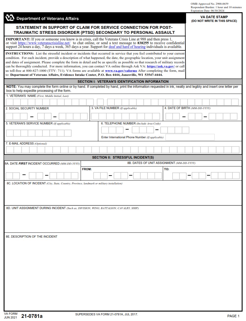 VA Form 21-0781A - Page 1