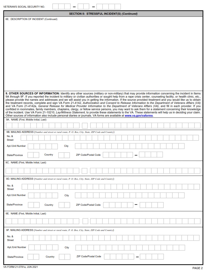 VA Form 21 0781A Statement In Support Of Claim For Service Connection For PTSD Secondary To