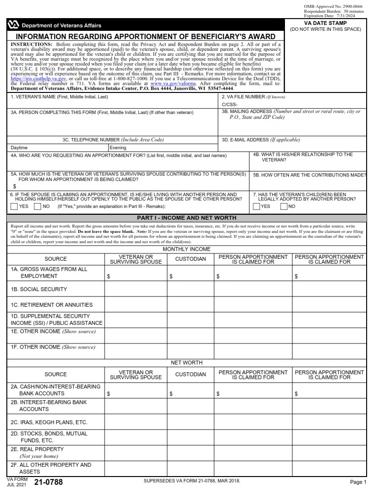VA Form 21-0788 - Page 1