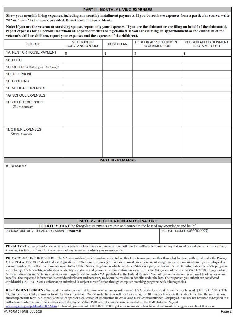 VA Form 21-0788 - Page 2