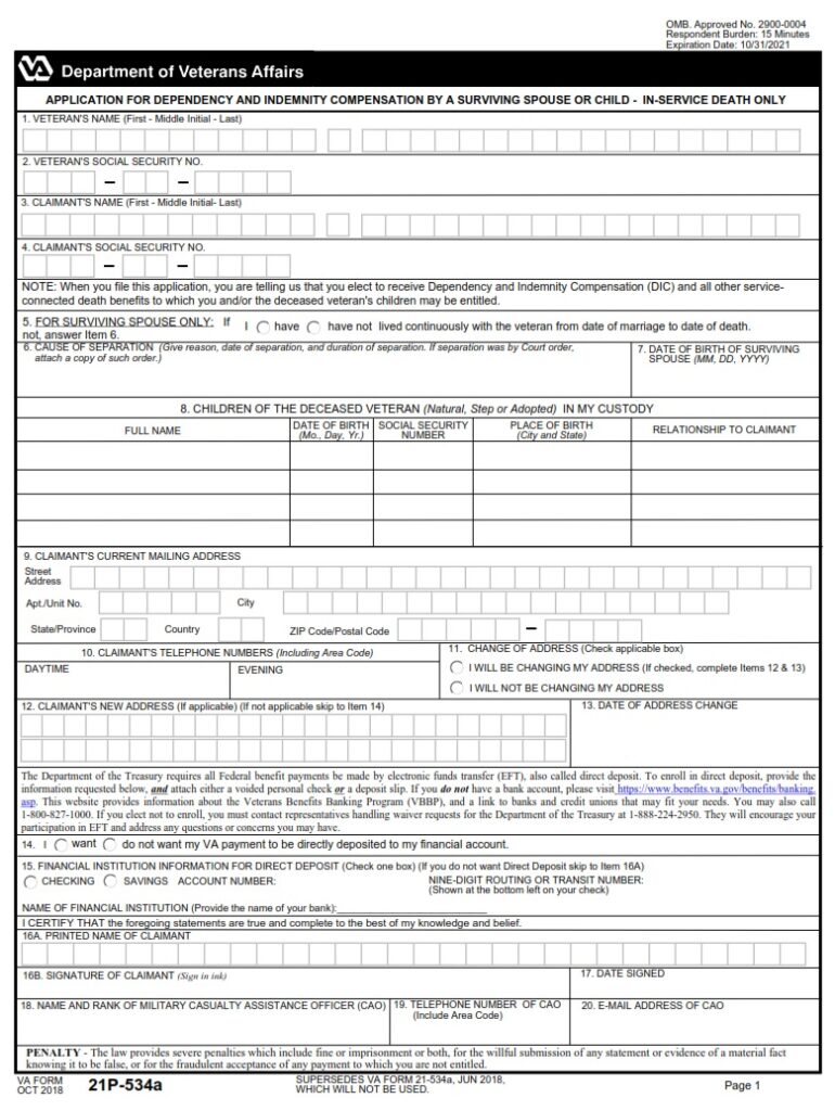 VA Form 21-534A – Application for Dependency and Indemnity Compensation ...