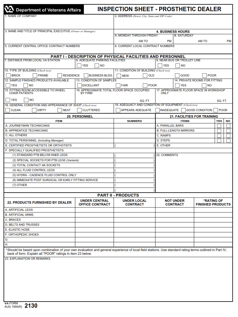VA Form 2130 - Page 1