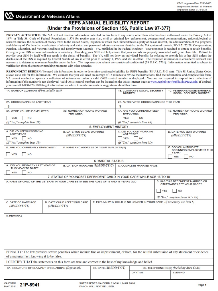 VA Form 21P-8941 - Page 1