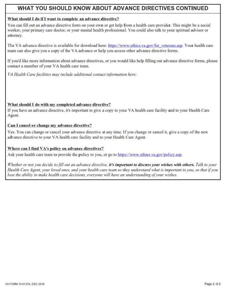 VA Form 100137A What You Should Know About Advance Directives VA Forms