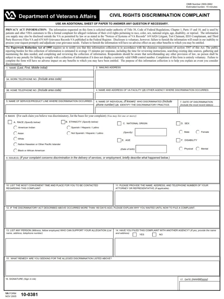 VA Form 10-0381 – Civil Rights Discrimination Complaint - VA Forms