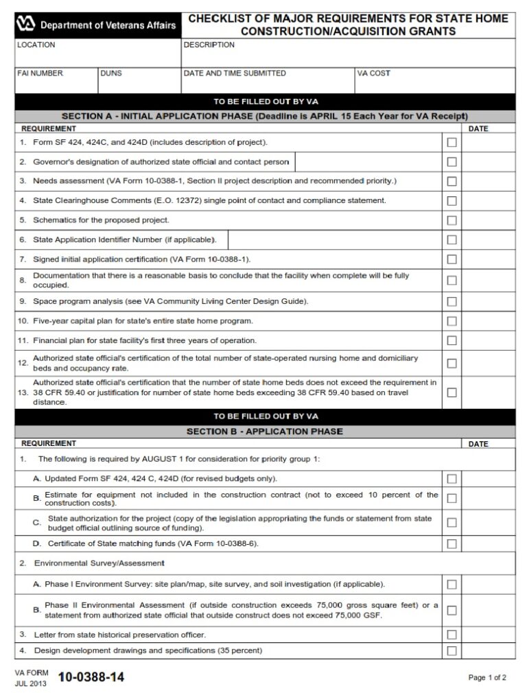VA Form 10038814 Checklist of Major Requirements for State Home Construction/Acquisition