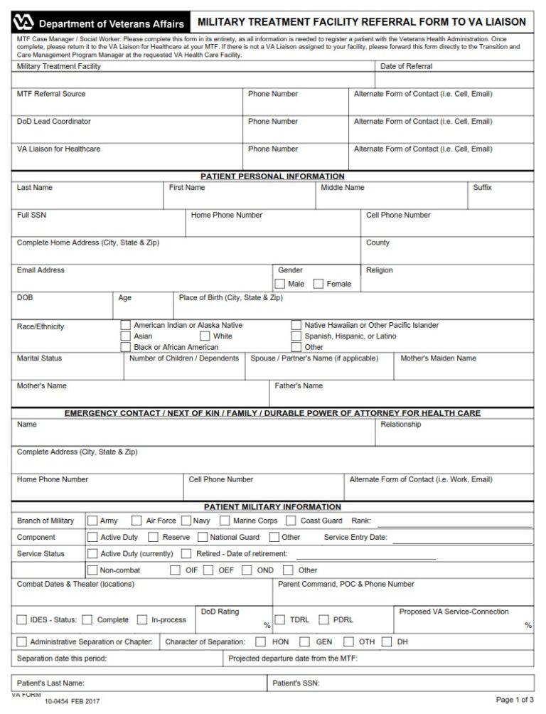 VA Form 10-0454 – Military Treatment Facility Referral to VA Liaison ...