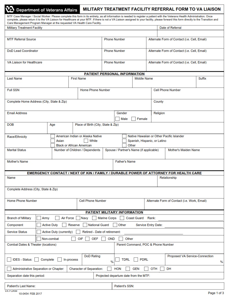 VA Form 10-0454 - Page 1
