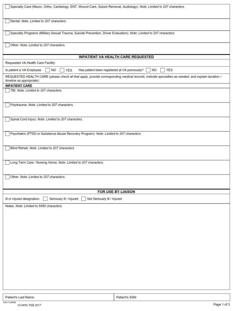 Va form 10 0454 military treatment facility referral to va liaison