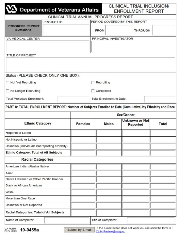 VA Form 100455a Clinical Trial Inclusion/Enrollment Report VA Forms