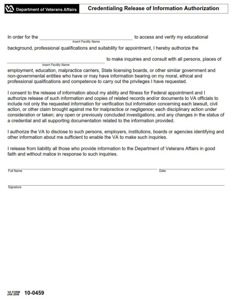 VA Form 10-0459 – Credentialing Release of Information Authorization ...