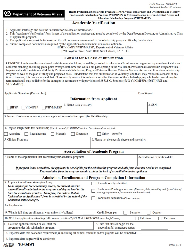 VA Form 10-0491