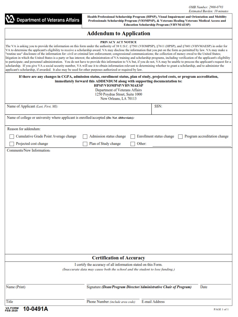 VA Form 10-0491A