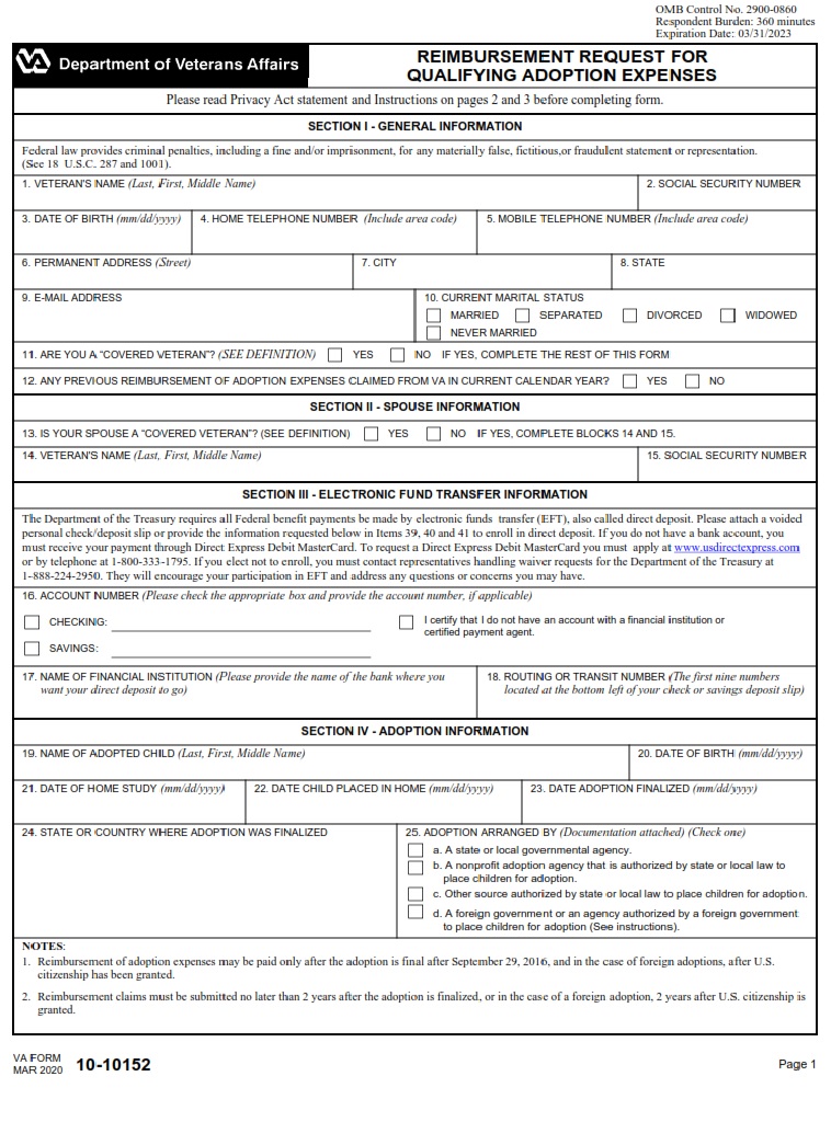 VA Form 10-10152 - Page 1