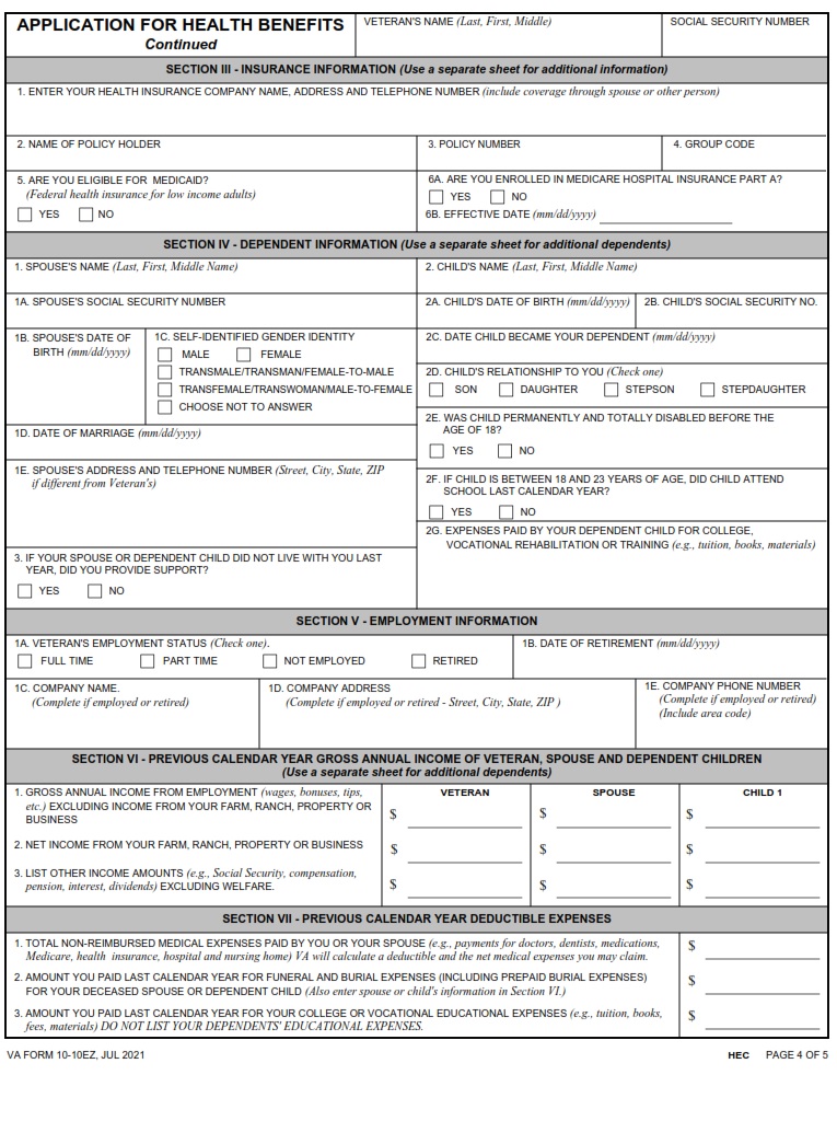 VA Form 10 10EZ Instructions and Enrollment Application for Health