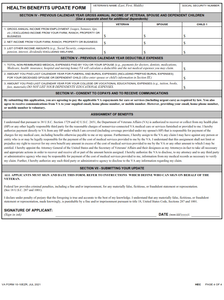 VA Form 10 10EZR Health Benefits Update Form VA Forms