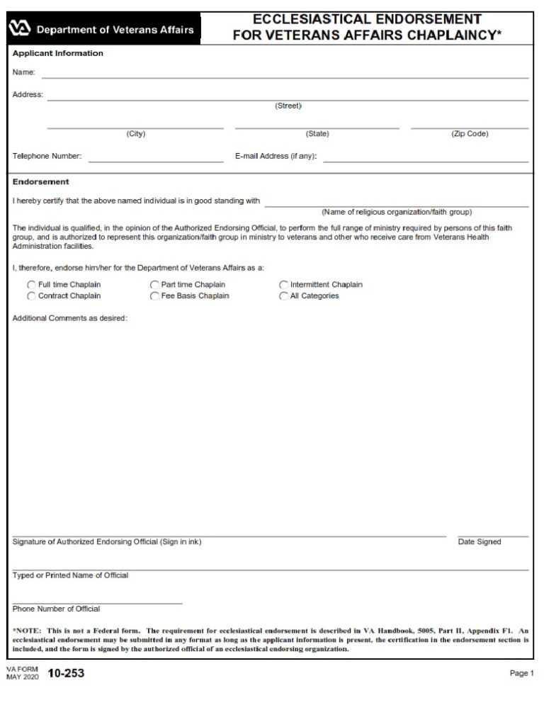 VA Form 10-253 – Ecclesiastical Endorsement for Veterans Affairs ...