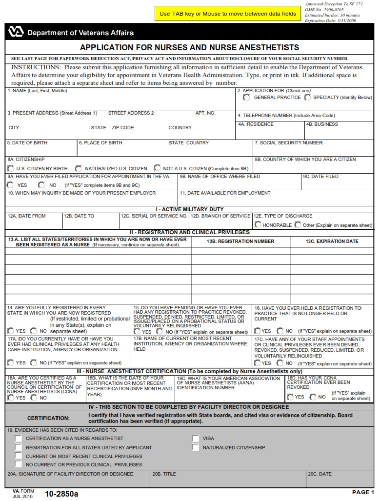 VA Form 10-2850A - Page 1