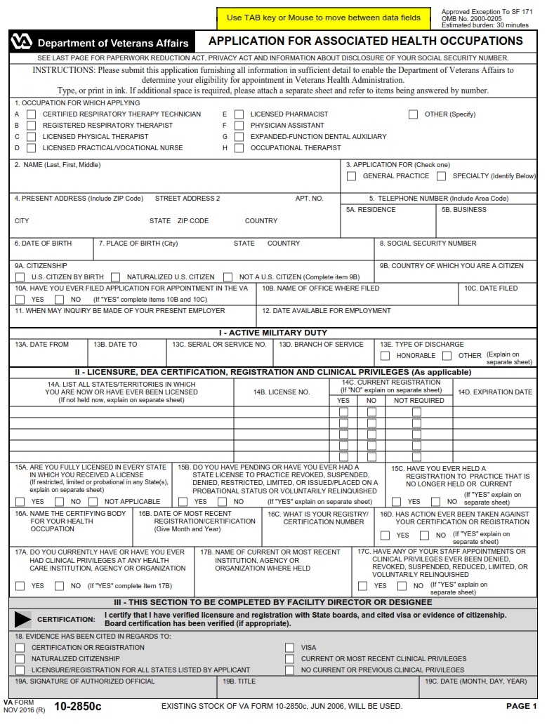 VA Form 10-2850C - Page 1