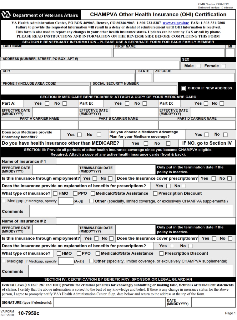 VA Form 10 7959C CHAMPVA Other Health Insurance OHI Certification 